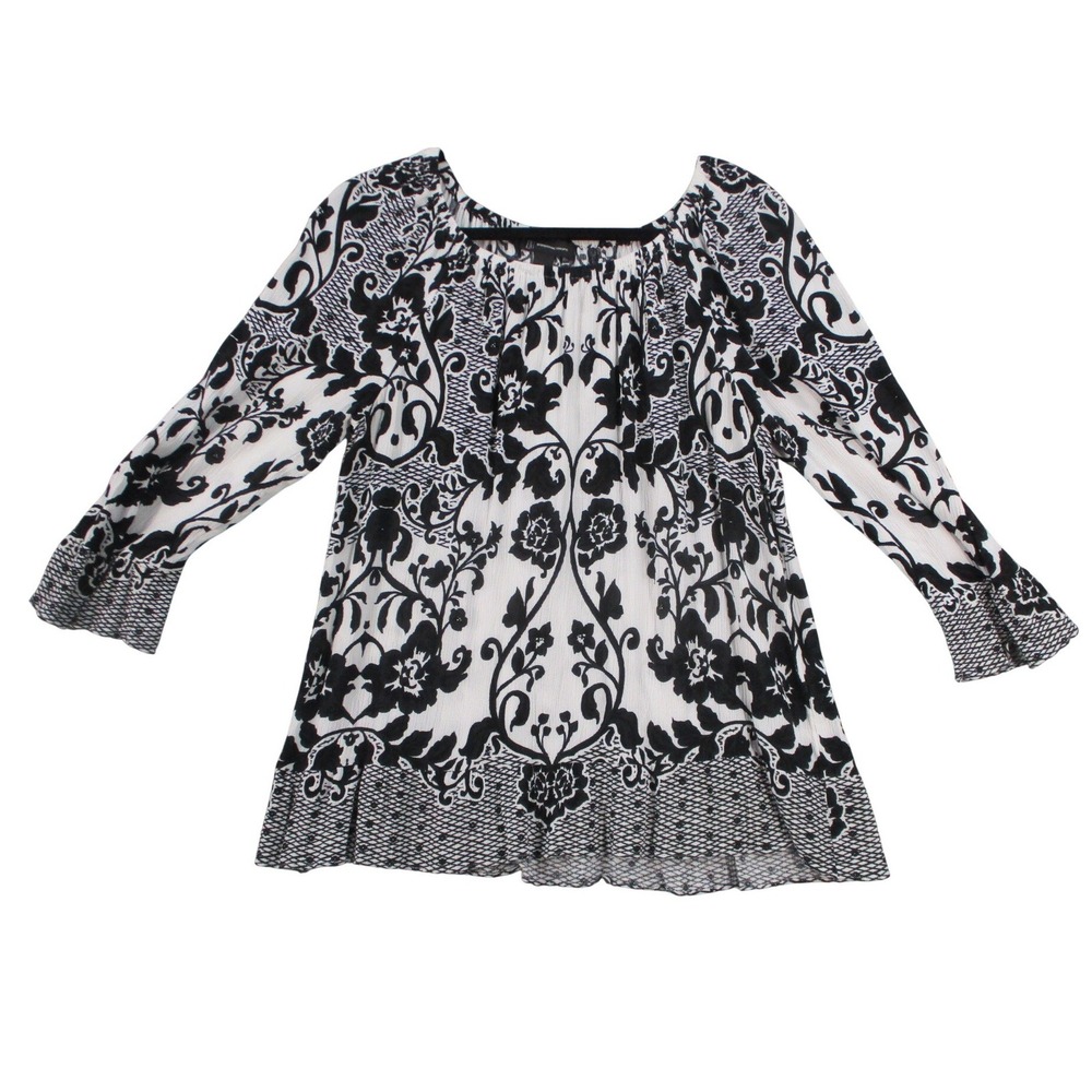 INC International Concepts Womens L Black White Damask Floral Rayon Blouse‎ Top
